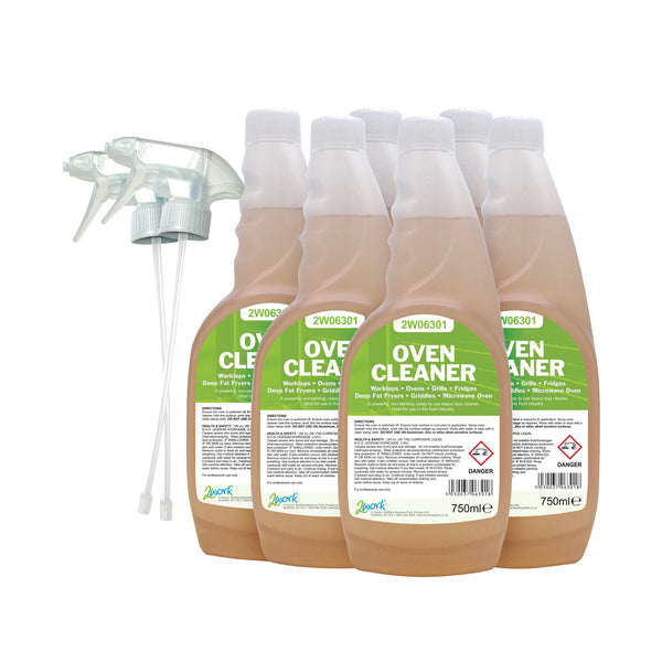 A pack of 6 750ml bottles of 2Work oven cleaner trigger spray.