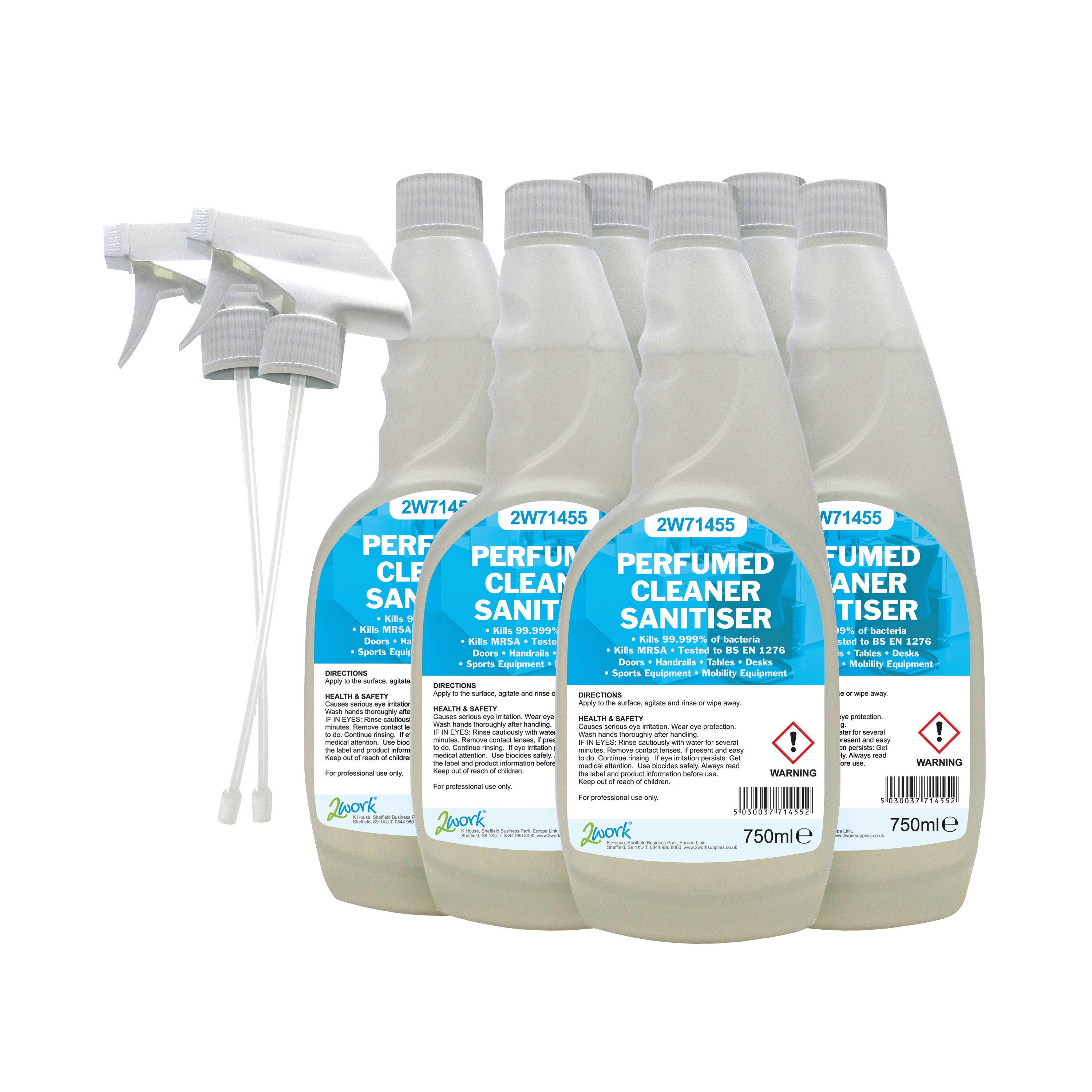 A pack of 6 750ml bottles of 2Work perfumed cleaner sanitiser.