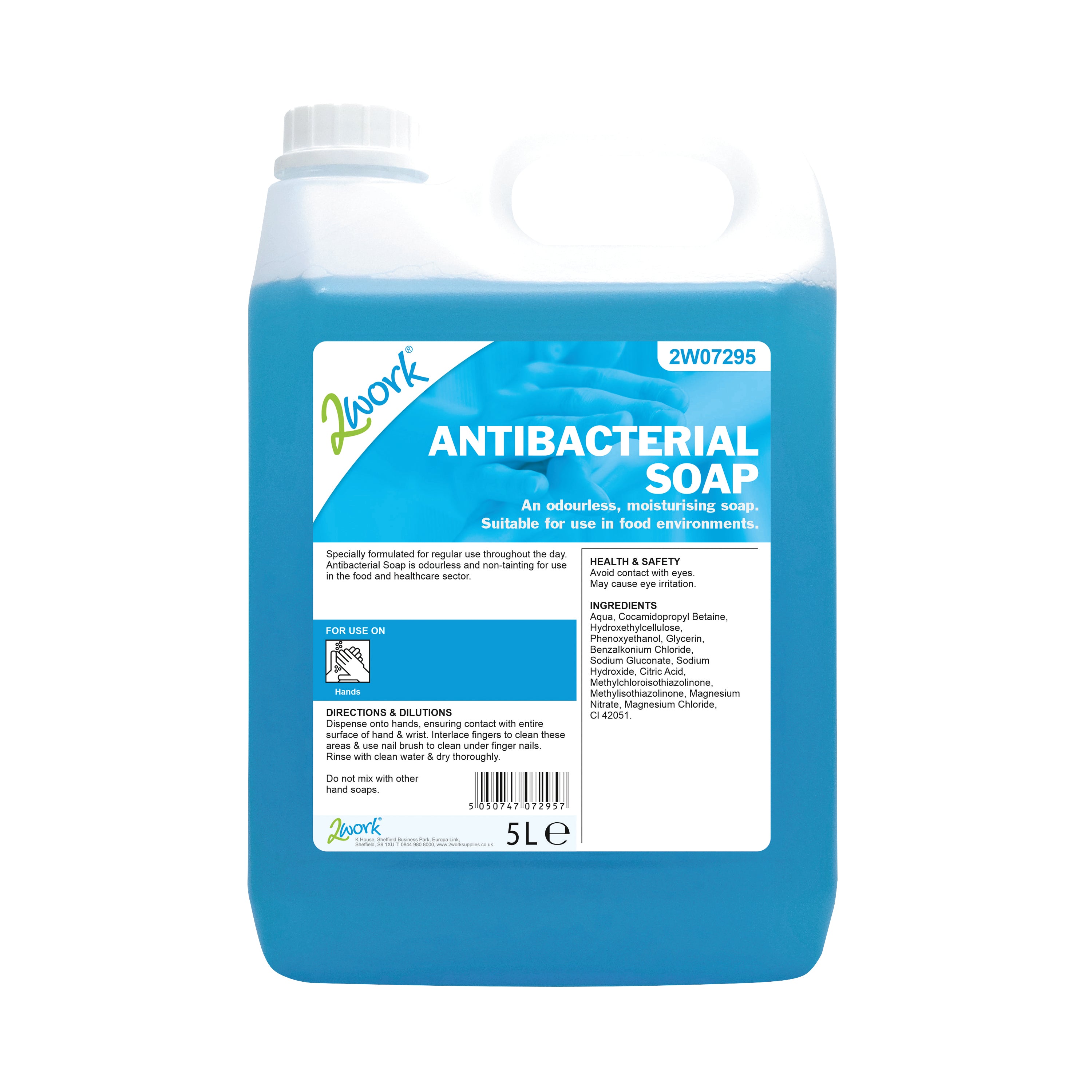 A 5-litre bottle of 2Work antibacterial soap.