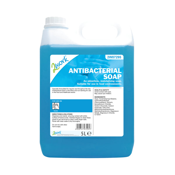 A 5-litre bottle of 2Work antibacterial soap.