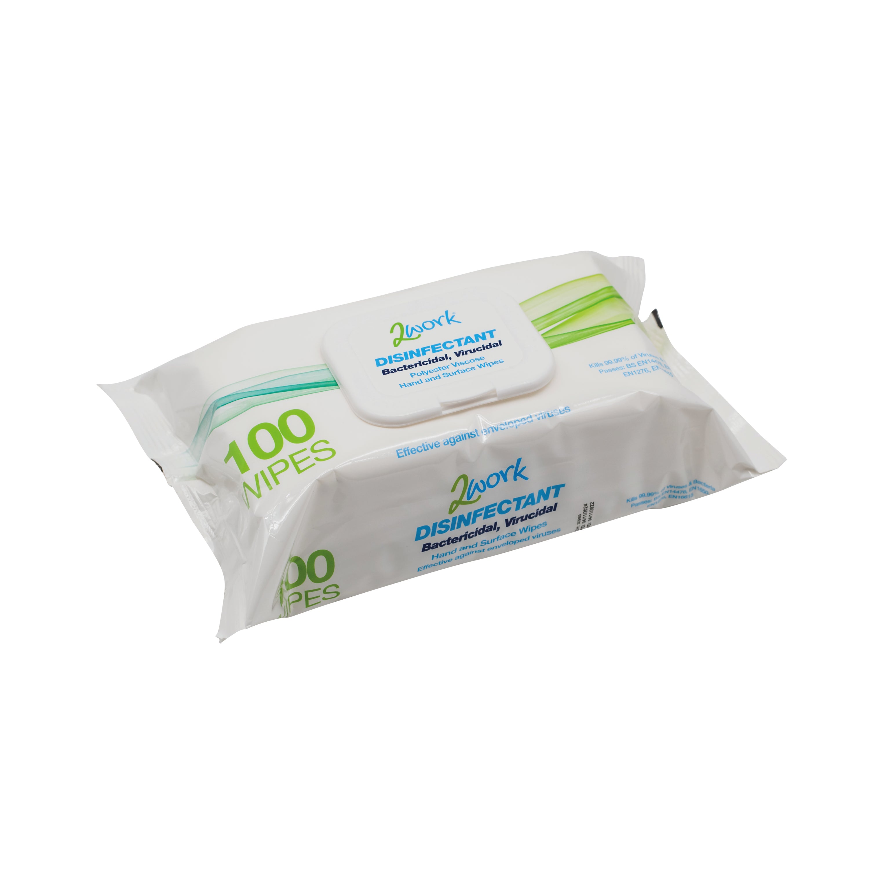 A pack of 100 2Work disinfectant virucidal hand and surface wipes.