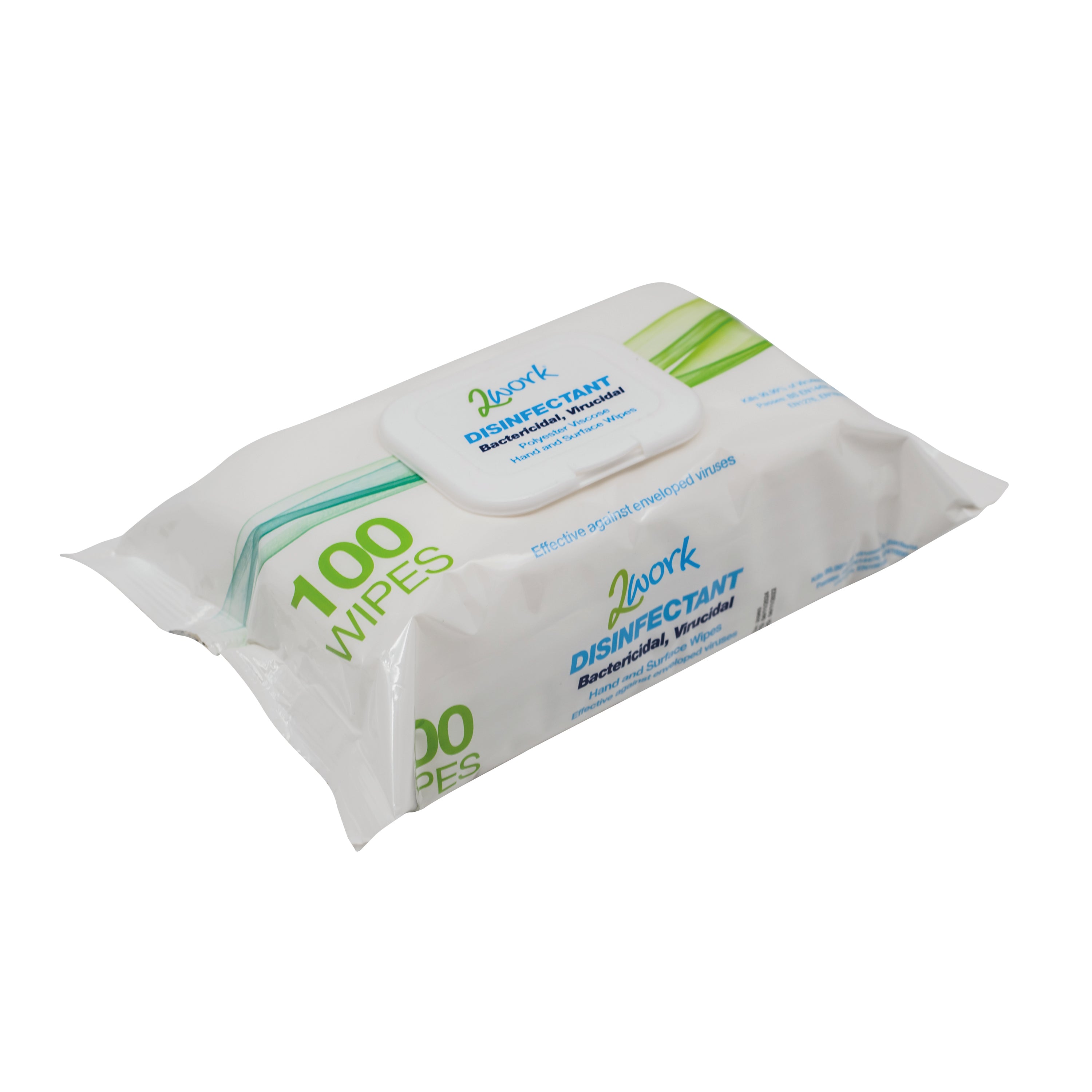 A hand being wiped with a 2Work disinfectant virucidal wipe.