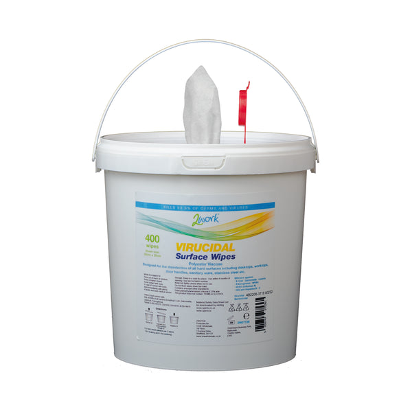 A pack of 400 2Work disinfectant virucidal multi-surface wipes.