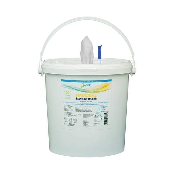 A pack of 1000 2Work disinfectant virucidal multi-surface wipes.
