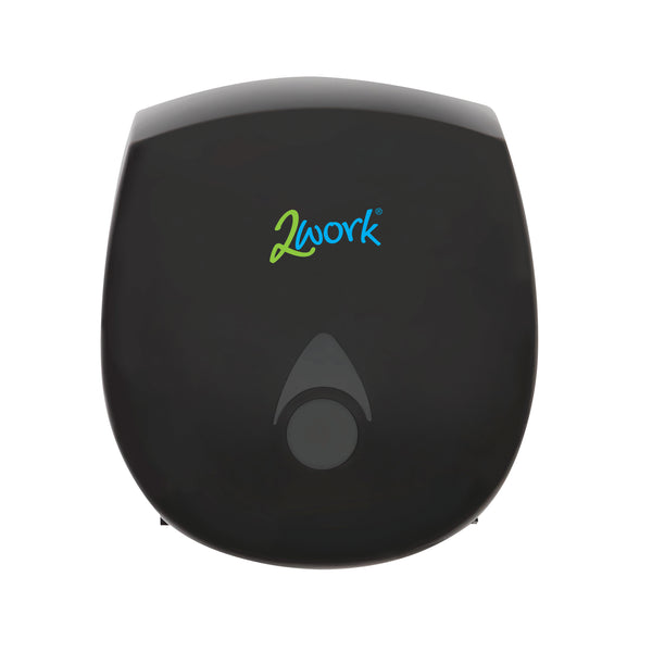 A black 2Work recycled mini jumbo toilet roll dispenser.