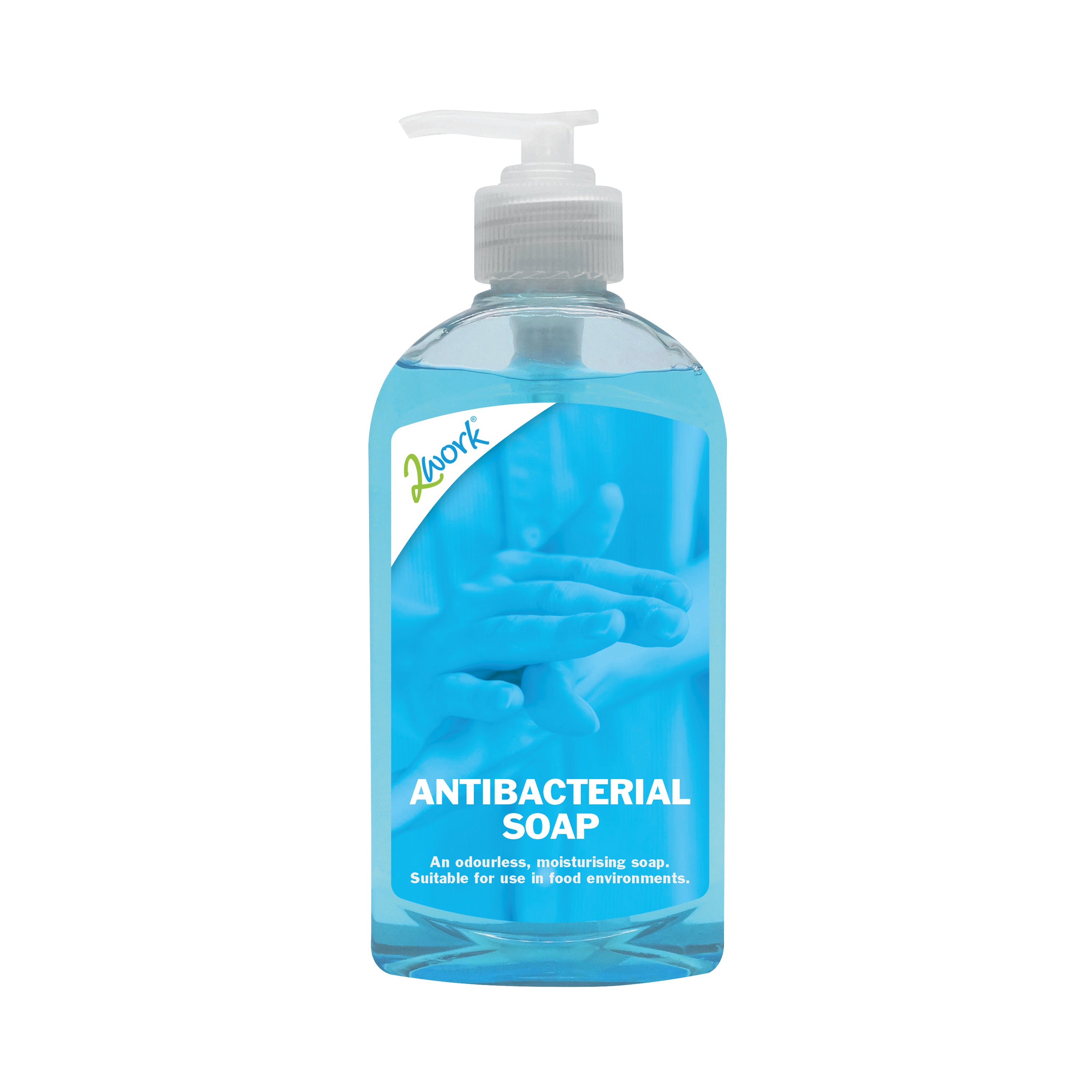 A pack of 6 300ml bottles of 2Work antibacterial hand soap.