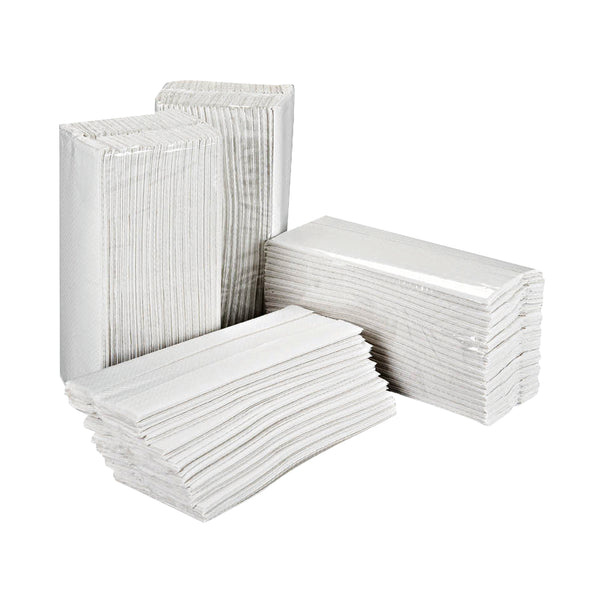 A pack of 2295 white 2-ply C-fold 2Work hand towels.