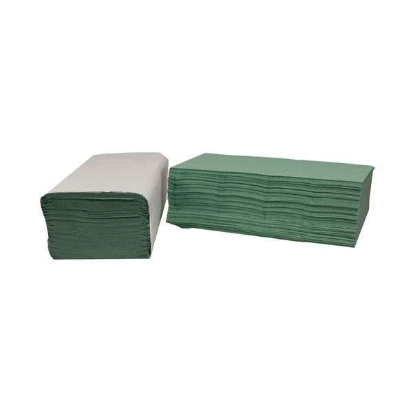 A pack of 3600 green 1-ply V-fold 2Work hand towels.
