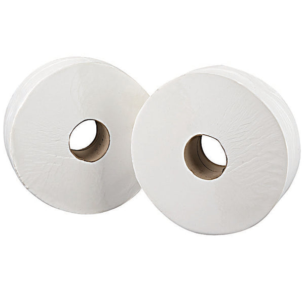 A pack of 6 jumbo 2-ply white 2Work toilet rolls.