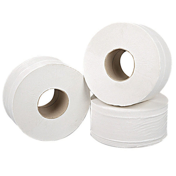 A pack of 12 mini jumbo 2-ply white 2Work toilet rolls.