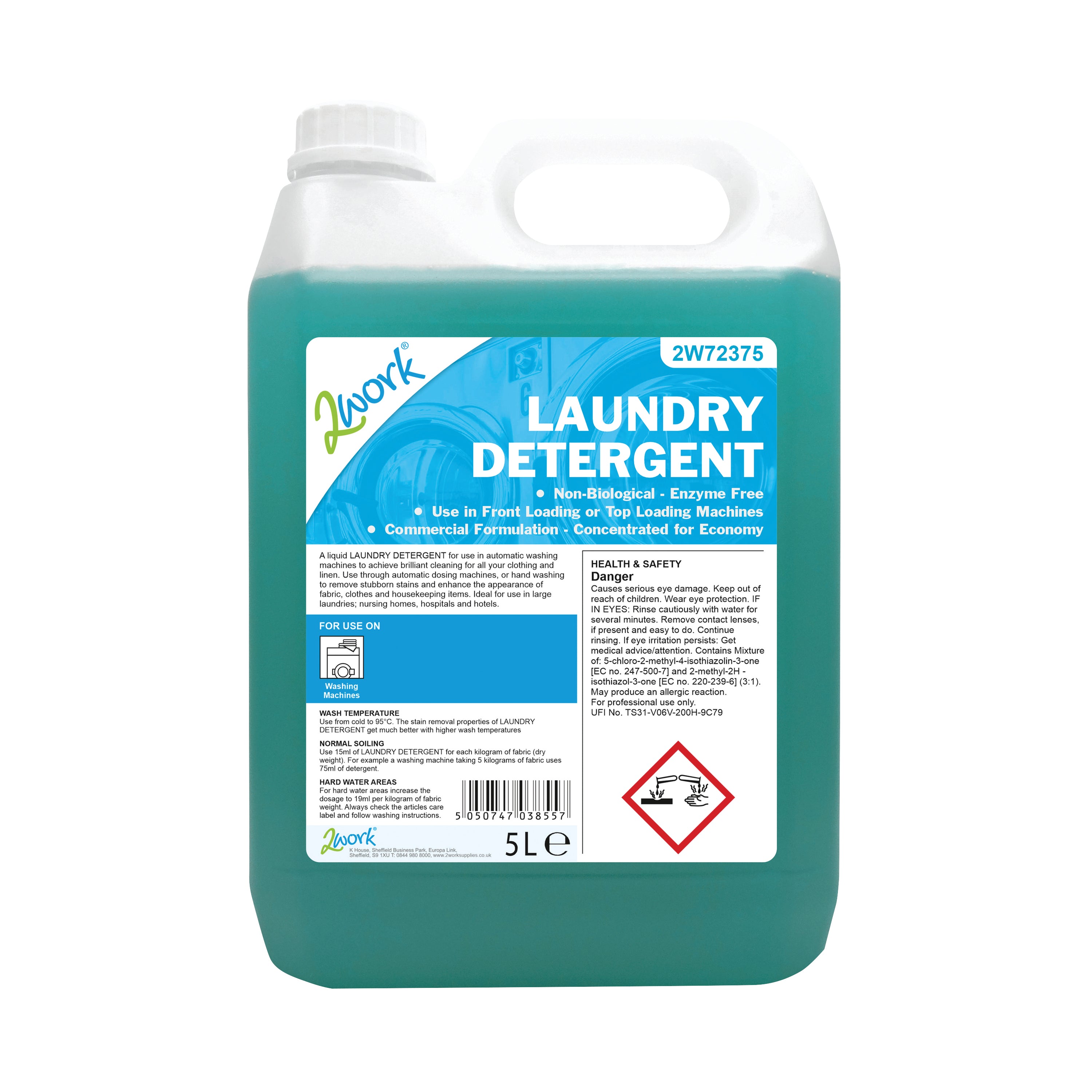 A 5-litre bottle of 2Work non-biological laundry detergent concentrate.