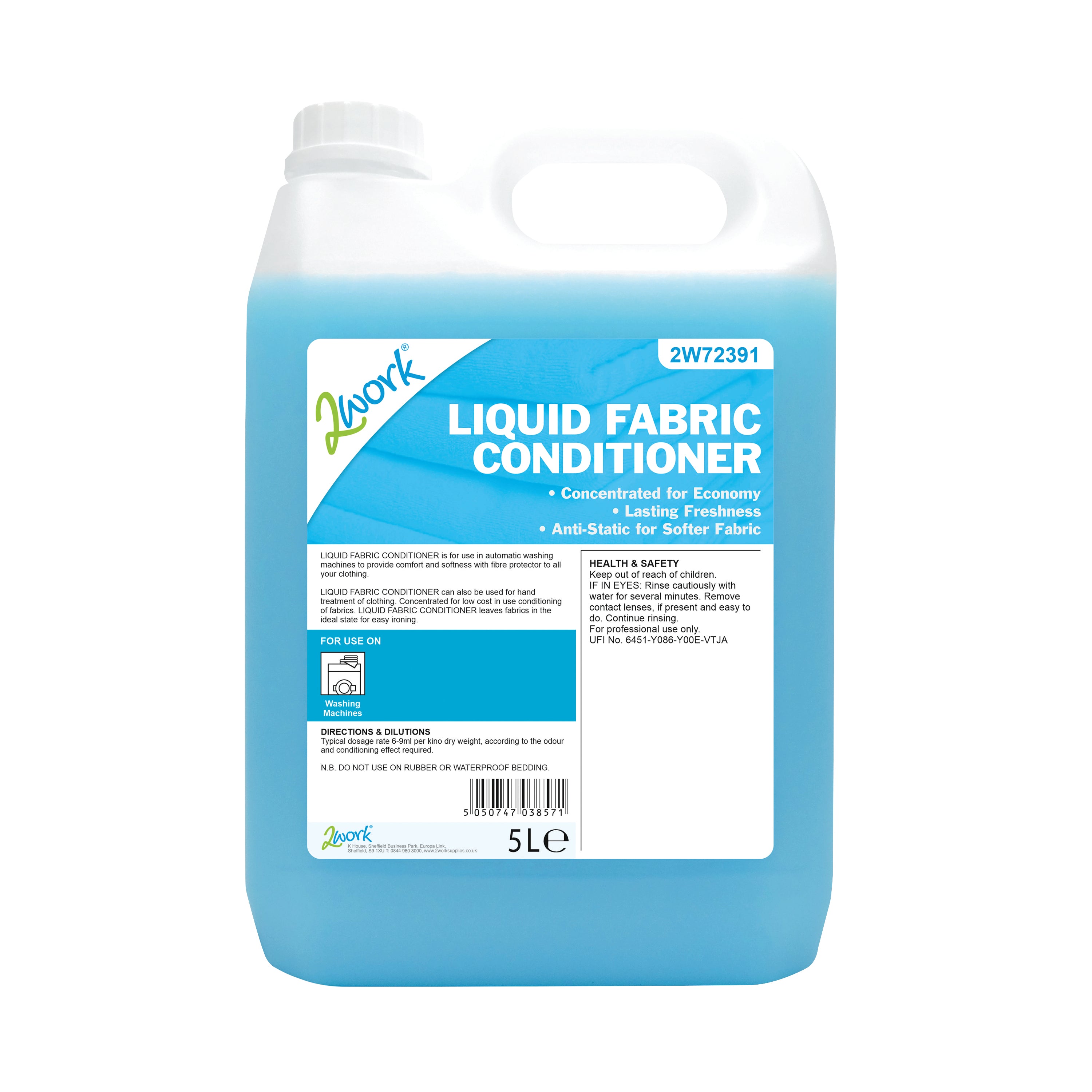 A 5-litre bottle of 2Work perfumed liquid fabric conditioner.