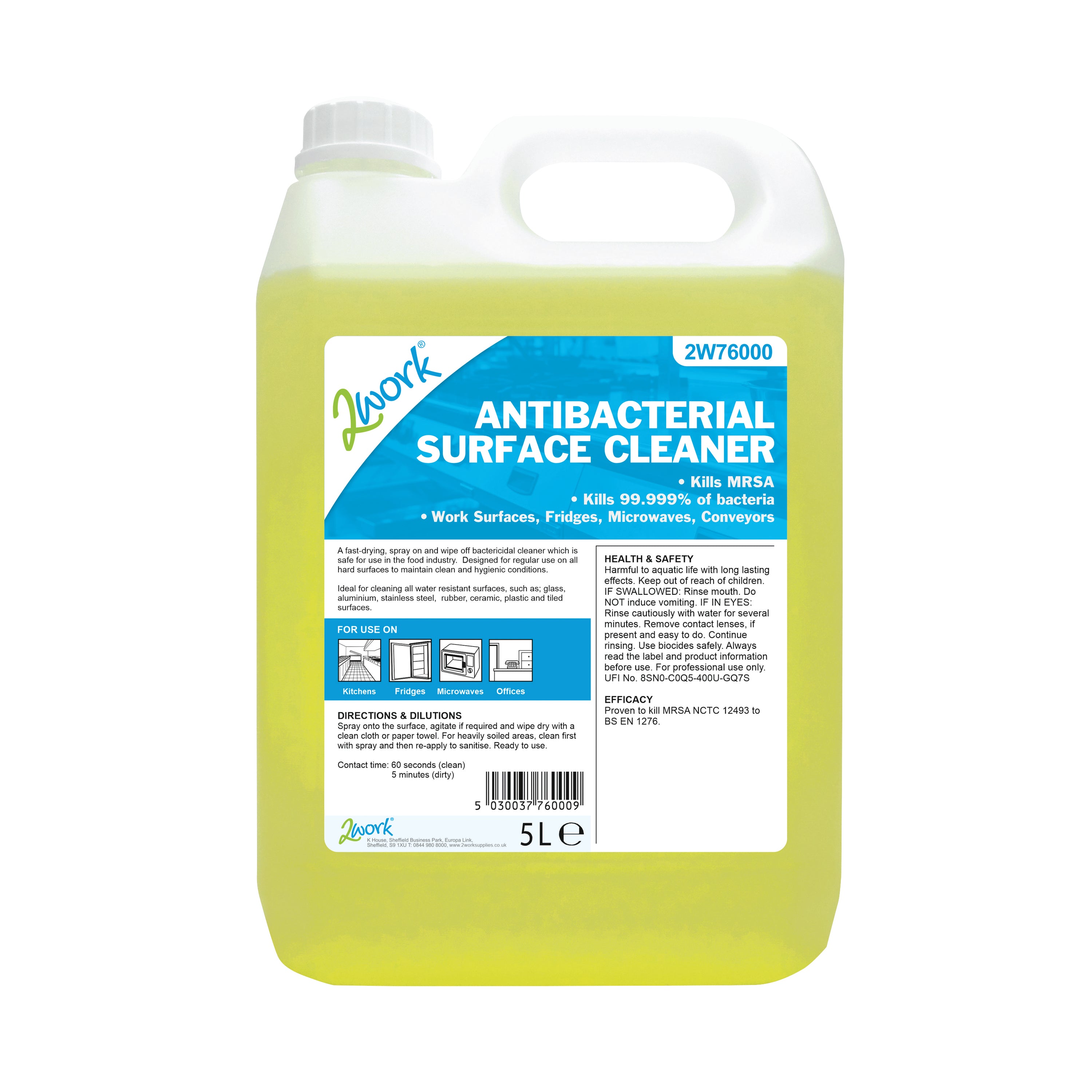 A 5-litre bottle of 2Work antibacterial surface cleaner.