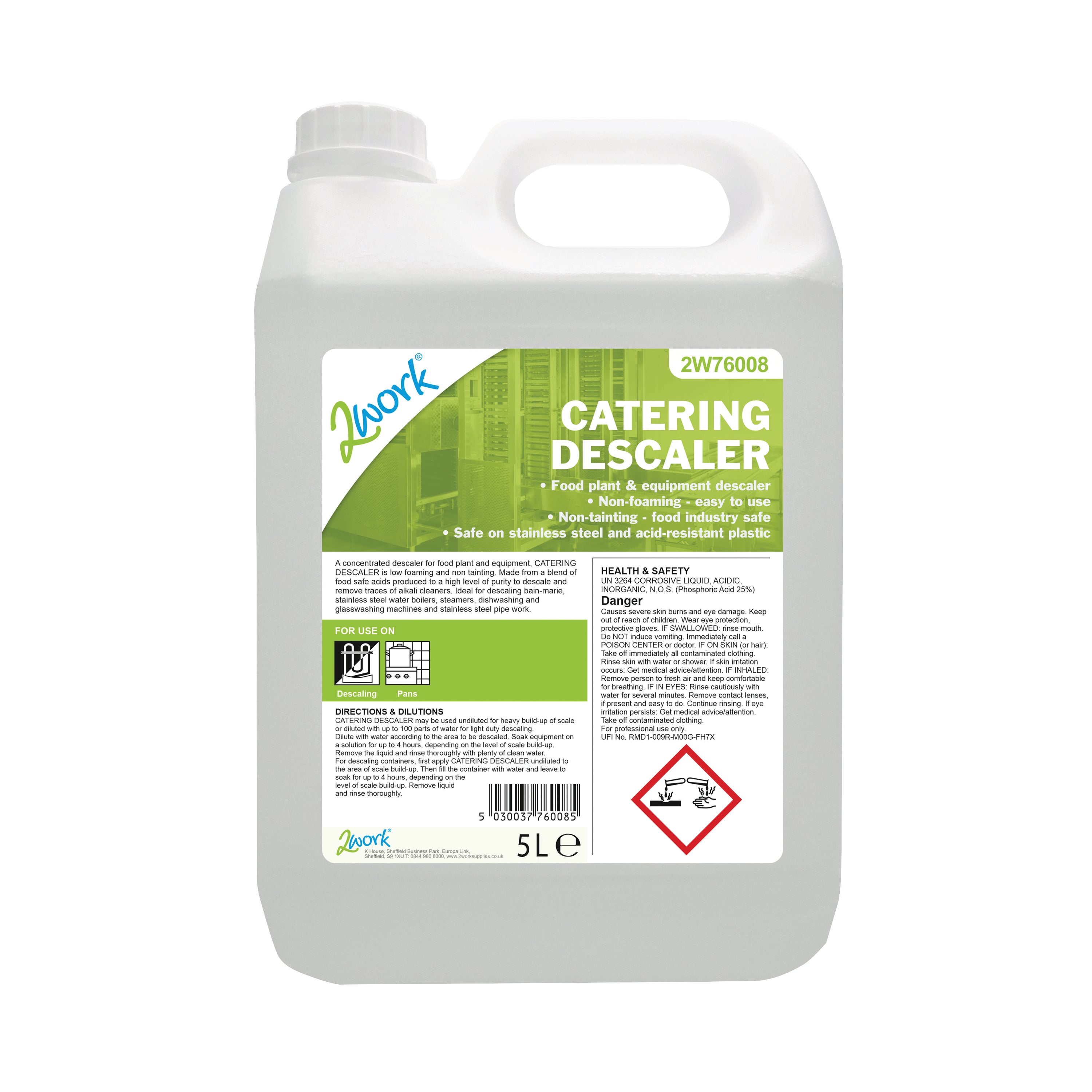 A 5-litre bottle of 2Work catering food plant and equipment descaler.