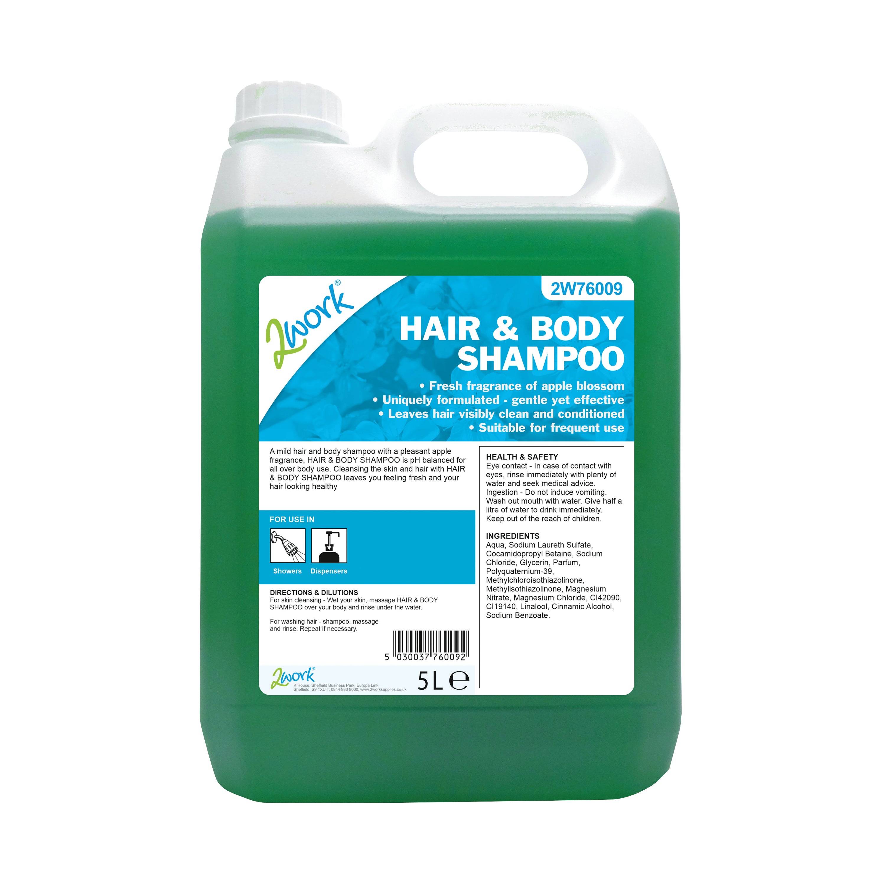 A 5-litre bottle of 2Work apple fragrance hair and body wash.