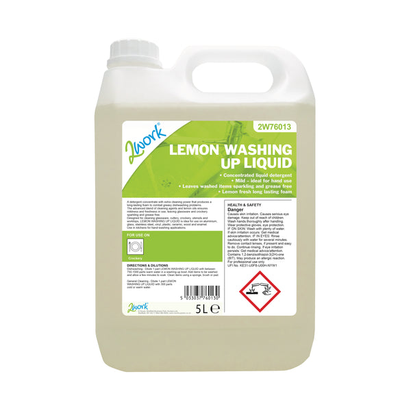 A 5-litre bottle of 2Work lemon-scented washing up liquid.