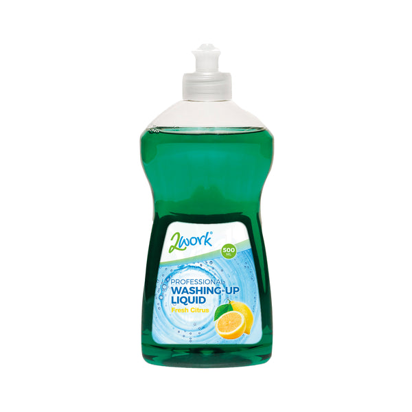 A pack of 12 500ml bottles of 2Work fresh citrus washing up liquid.