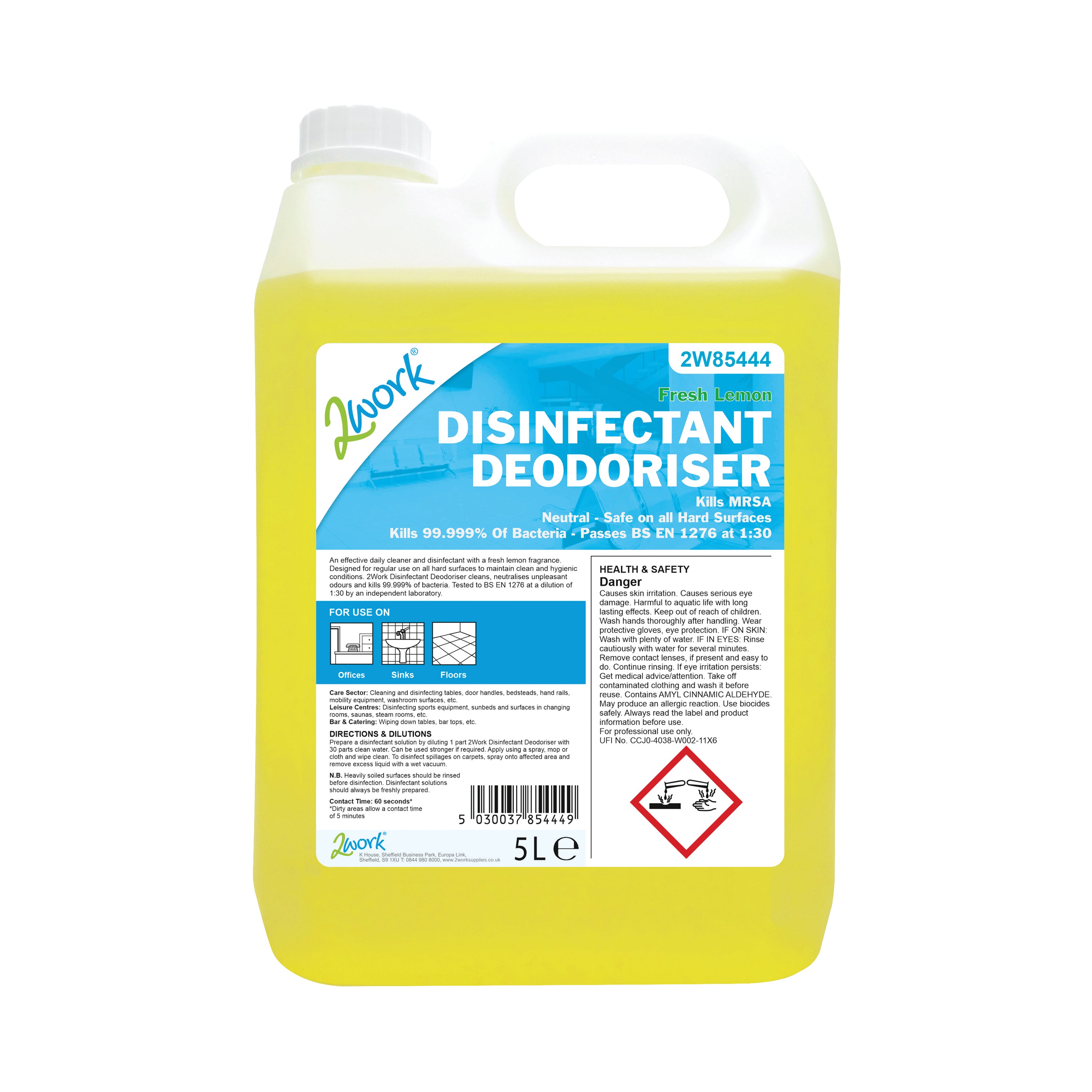 A 5-litre bottle of 2Work lemon-scented bactericidal disinfectant.