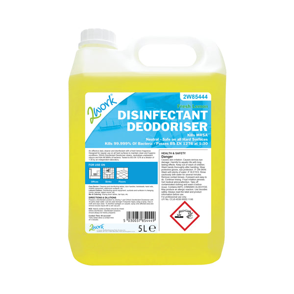A 5-litre bottle of 2Work lemon-scented bactericidal disinfectant.