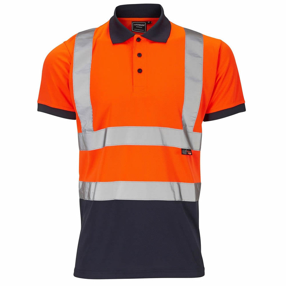 A person wearing the Supertouch hi-vis two-tone Orange polo shirt.