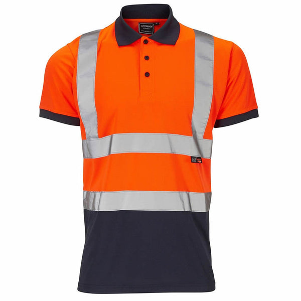 A person wearing the Supertouch hi-vis two-tone Orange polo shirt.