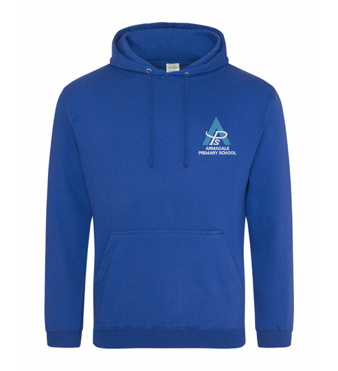 A royal blue Armadale PS House Hoodie for adults, featuring the school crest on the chest.