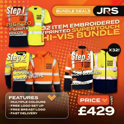 32 Item Embroidered/Printed Hi-Vis Workwear Bundle - Supertouch Polos, T-Shirts, Hoodies & Bodywarmers