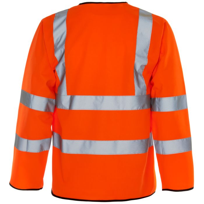 Back view of Supertouch Hi-Vis long sleeved vest H84 in orange, reflective tape for enhanced safety.