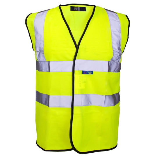 A Supertouch yellow Hi Vis Vest Velcro, designed for high visibility and safety compliance.