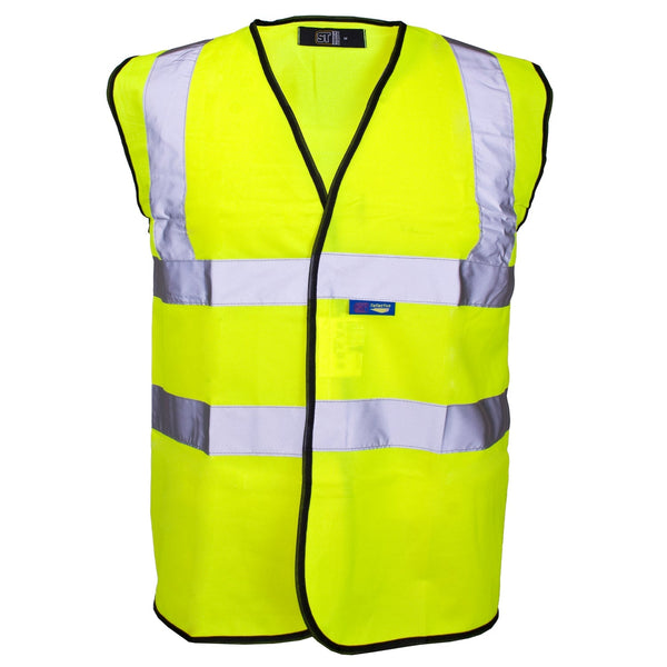 A standard yellow hi-vis vest with two horizontal reflective bands.