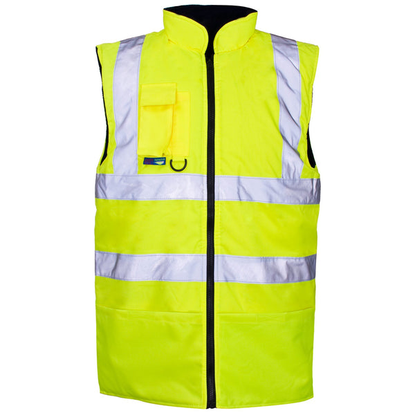 Supertouch reversible hi-vis bodywarmer with a fleece lining in yellow.