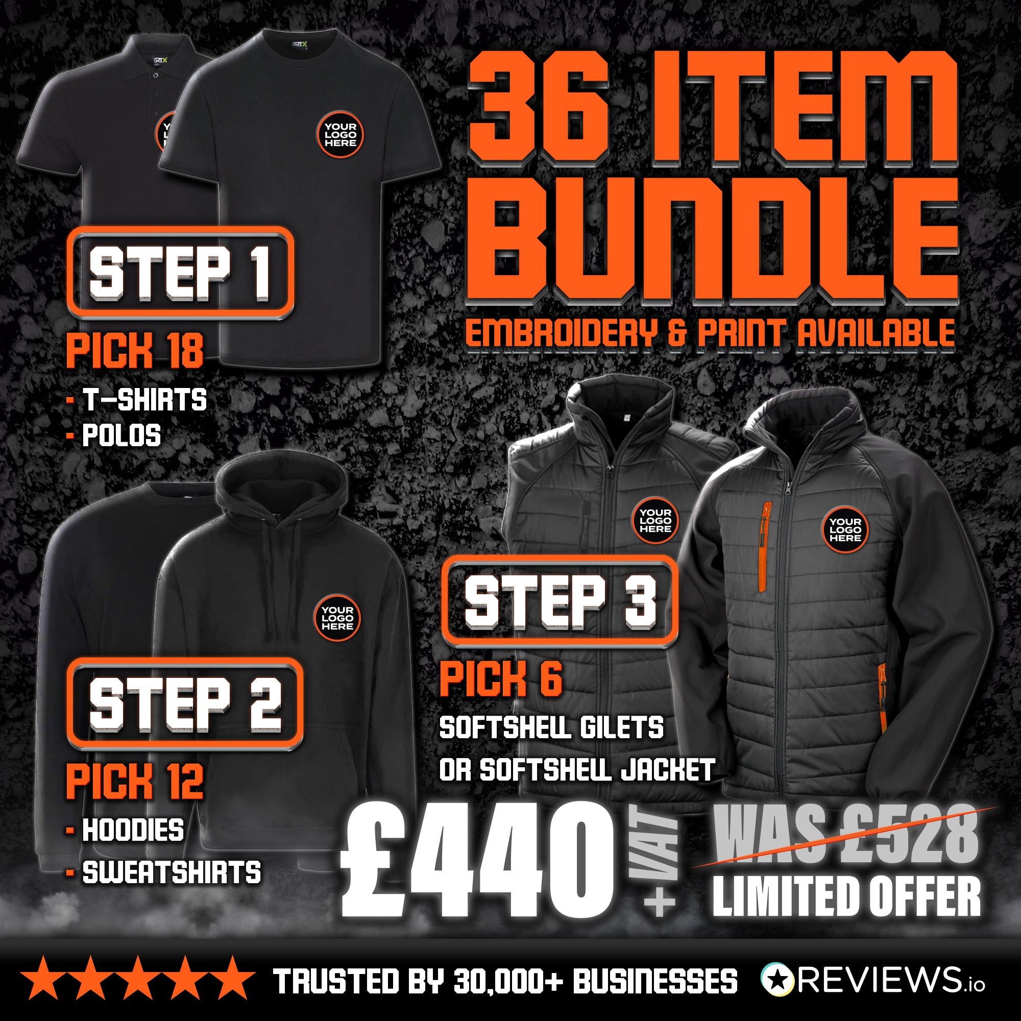36 Item Embroidered/Printed Workwear Bundle Deal (Hoodies, Polo, Jackets & Gilet)