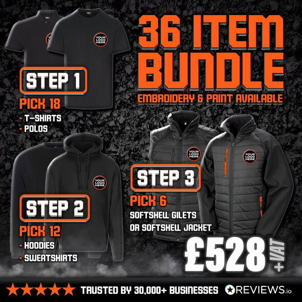 36 Item Embroidered/Printed Workwear Bundle Deal (Hoodies, Polo, Jackets & Gilet)