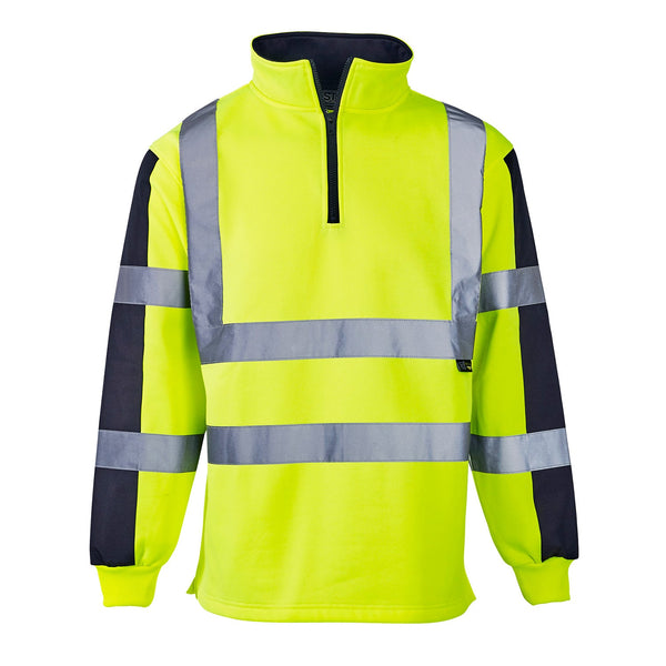 Supertouch Hi-Vis 2-Tone yellow Rugby Shirt, Class 2 protection, modern design with reflective bands and durable overarm patches.
