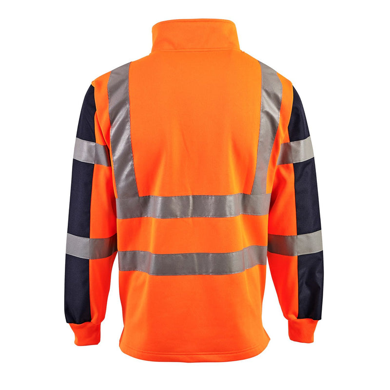 Back view of Supertouch Hi-Vis 2-Tone Orange Rugby Shirt, showing full reflective bands for enhanced visibility and safety.