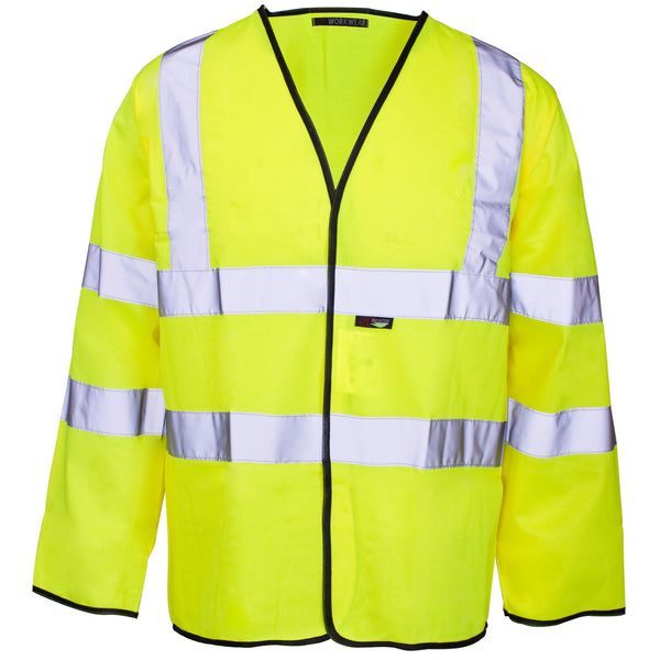 A yellow long-sleeve hi-vis vest with reflective tape for enhanced visibility.