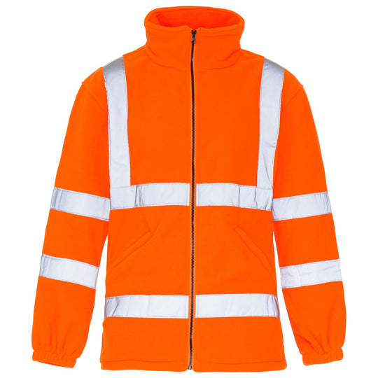 Supertouch hi-vis orange fleece jacket with reflective bands.