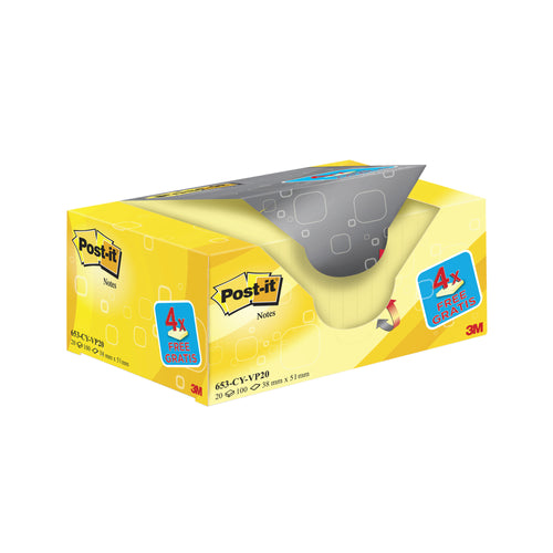 Post-it Notes 38x51mm Canary Yellow Value Pack 4 Free Pads  (Pack of 20)