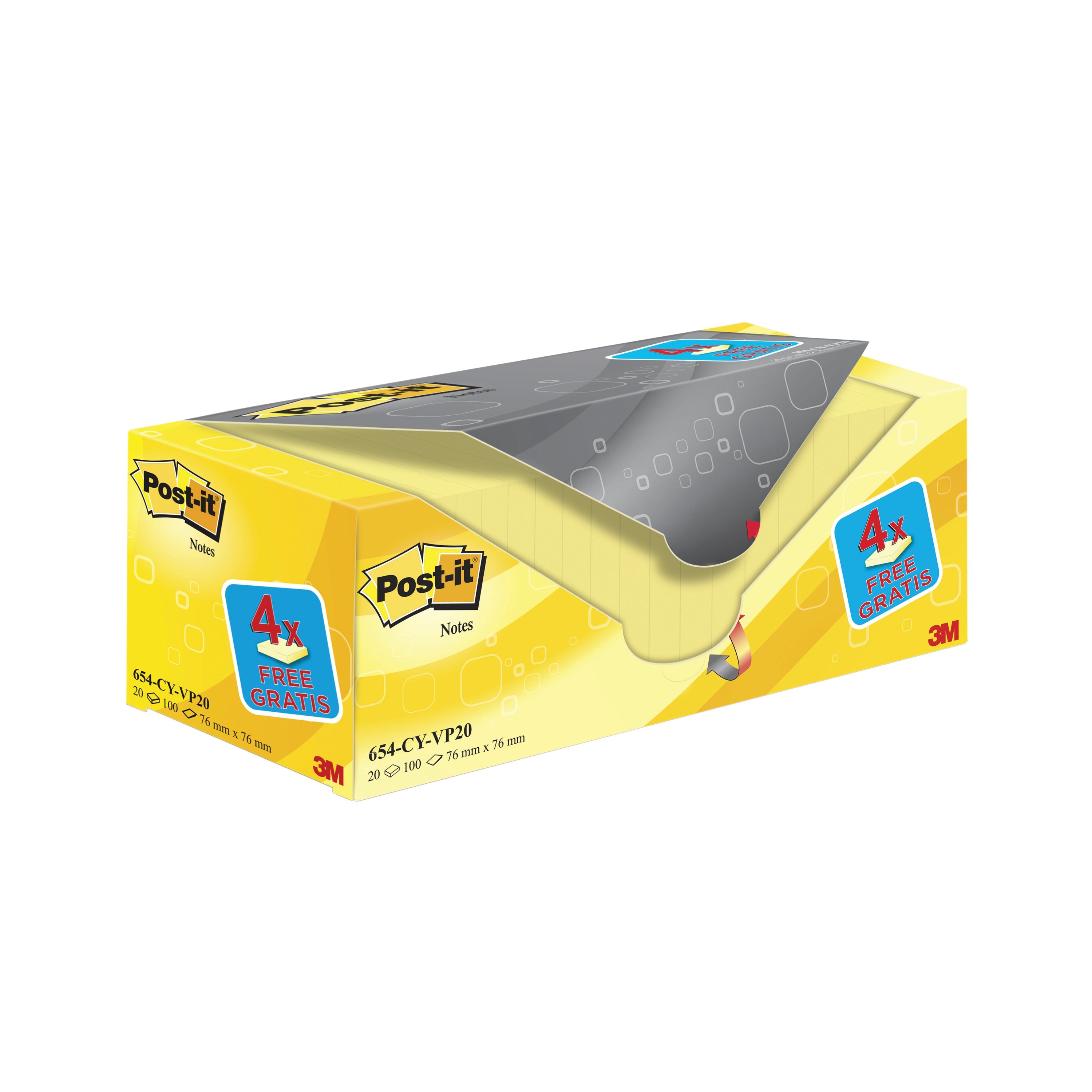 Post-it Notes 76x76mm Canary Yellow Value Pack 4 Free Pads  (Pack of 20)