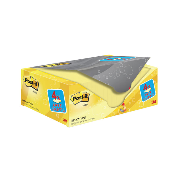 Post-it Notes 76x127mm Canary Yellow Value Pack 4 Free Pads  (Pack of 20)