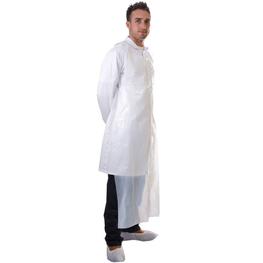 Supertouch PE apron 100 micron in white, heavy-duty disposable apron for food industry hygiene.