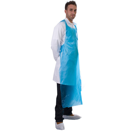 Supertouch PE apron 100 micron in blue, strong disposable apron for colour-coded food preparation.