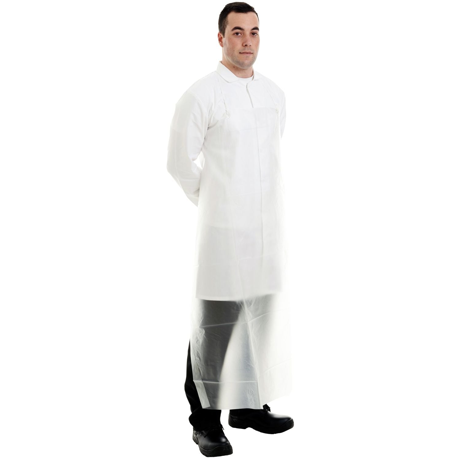 Close-up of Supertouch clear PVC apron showing reinforced neck and waist ties for secure fit.