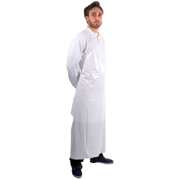 Supertouch white PVC apron, durable with neck and waist cord, ideal for food processing and hygiene.