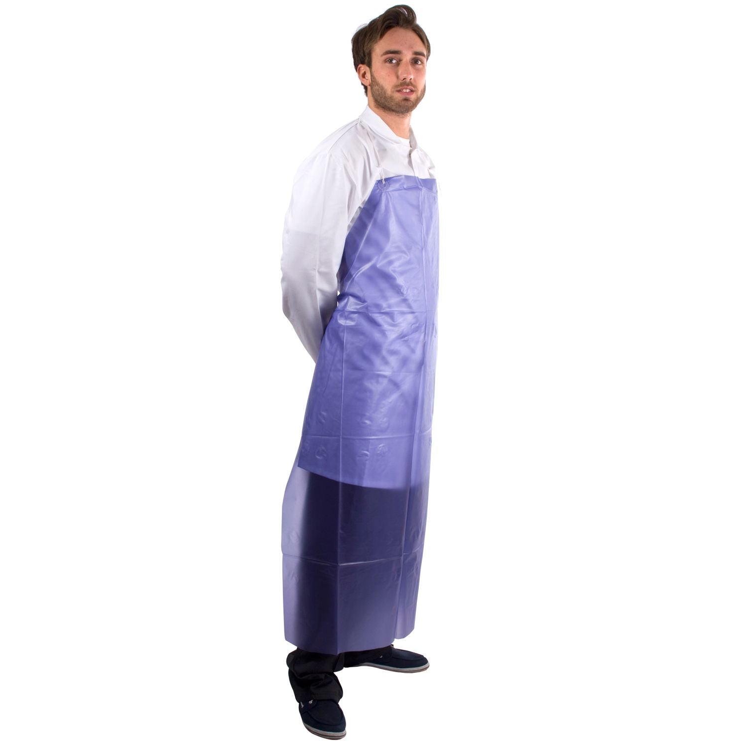 Supertouch blue PVC apron close-up, showing durable construction for general purpose use