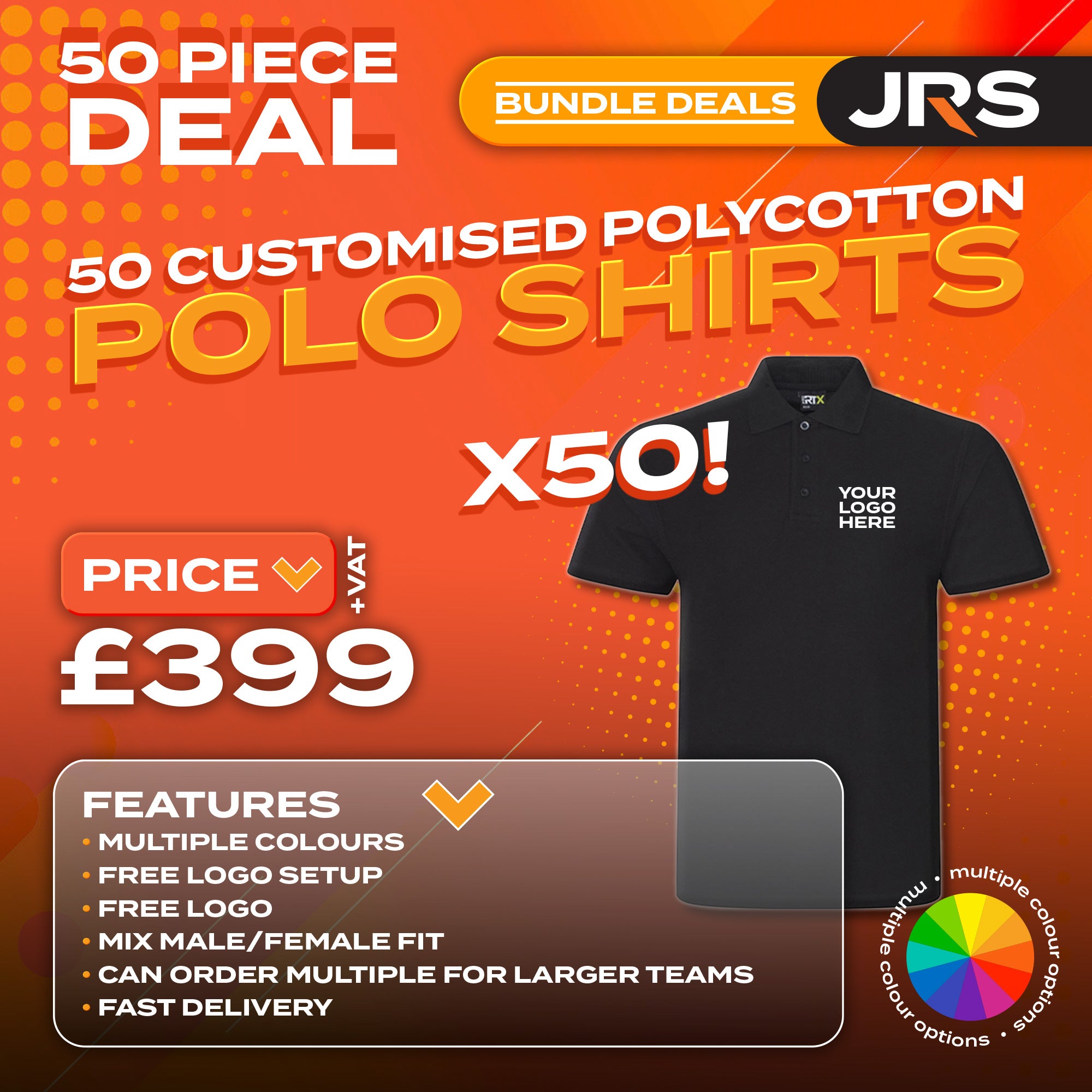 50x Personalised Embroidered/Printed Work Polo Shirts with Free Logo