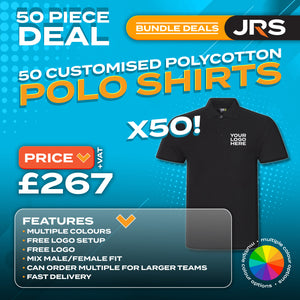 50x Personalised Embroidered/Printed Work Polo Shirts with Free Logo