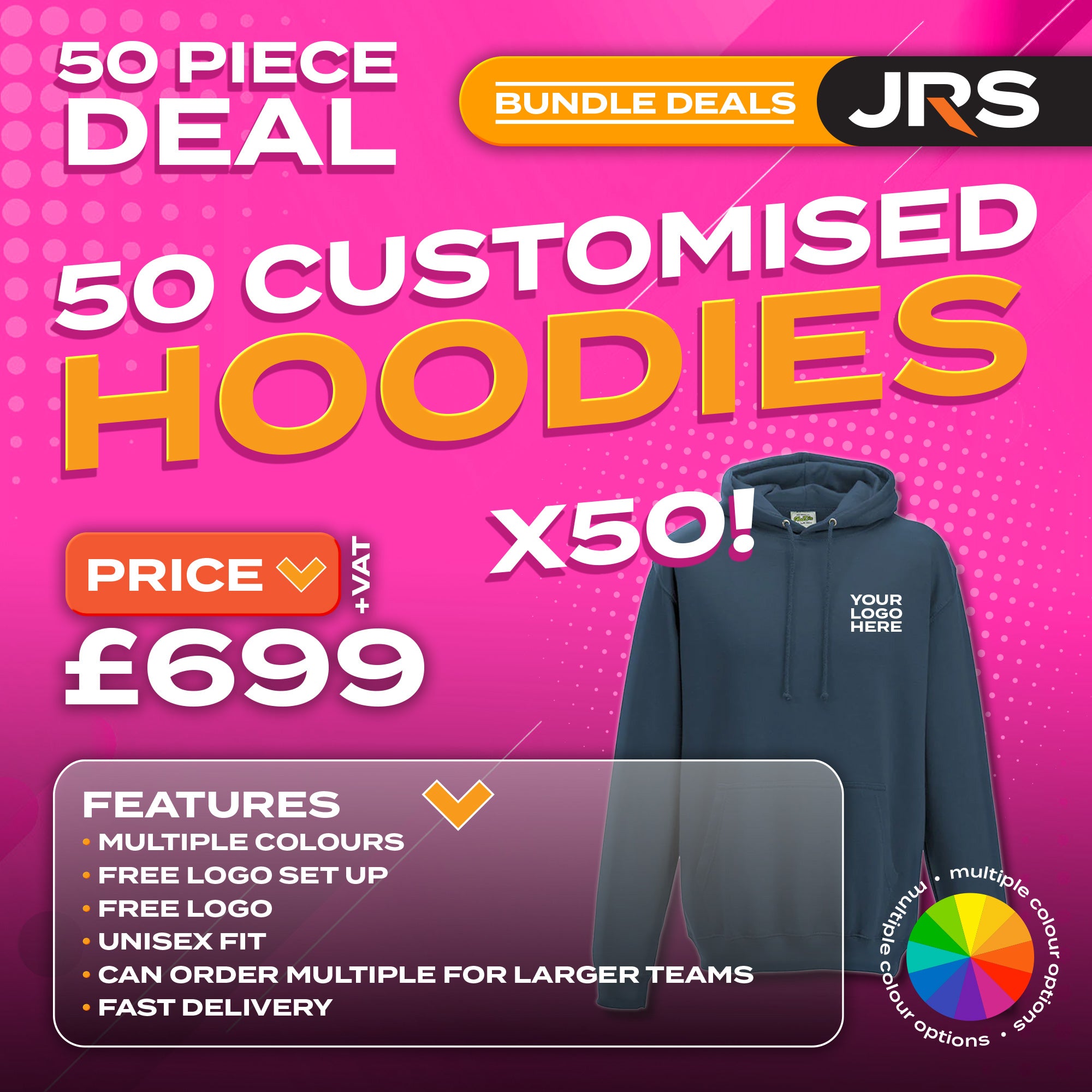 50x Personalised Embroidered/Printed Hoodies with Free Logo