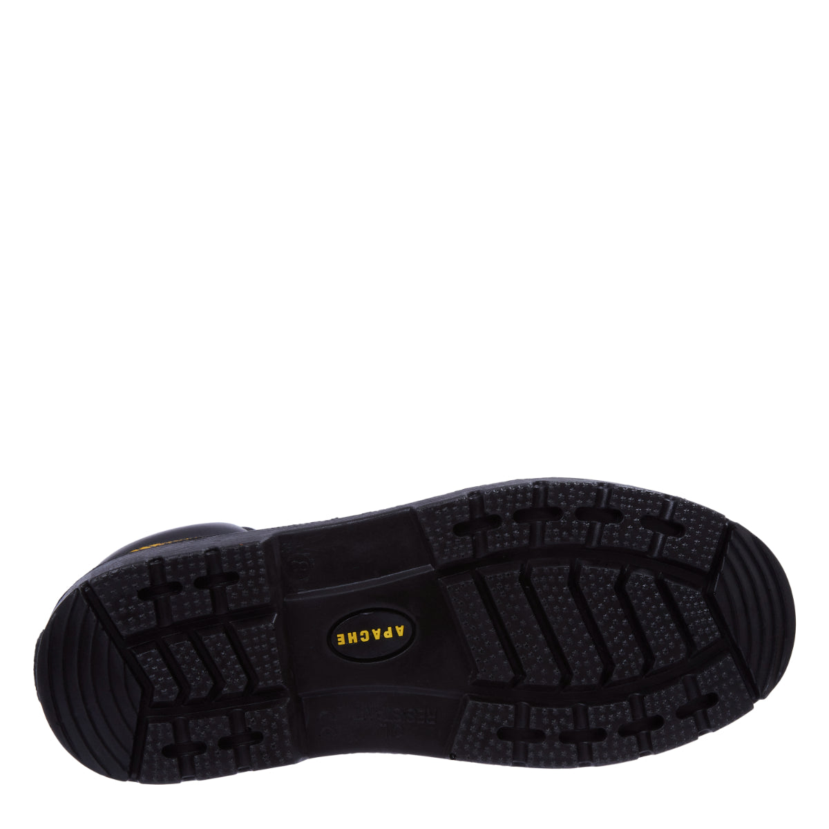 Angled view of the classic black leather Apache AP300 safety boot.