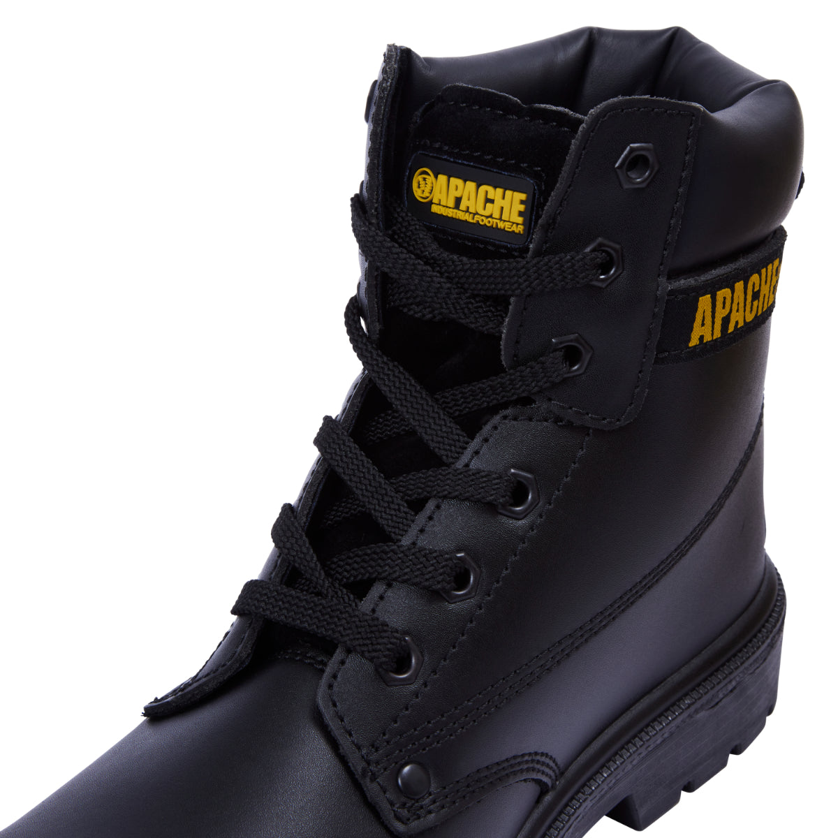 Detail of the sturdy eyelets and laces on the black AP300 boot.